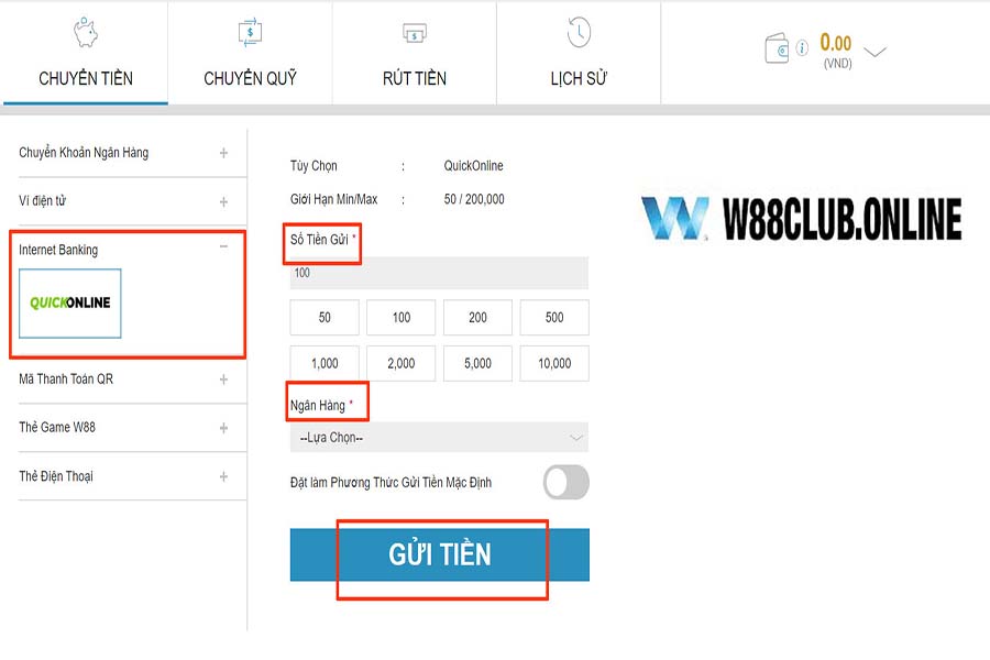 nạp tiền tài khoản W88 Club qua internet banking