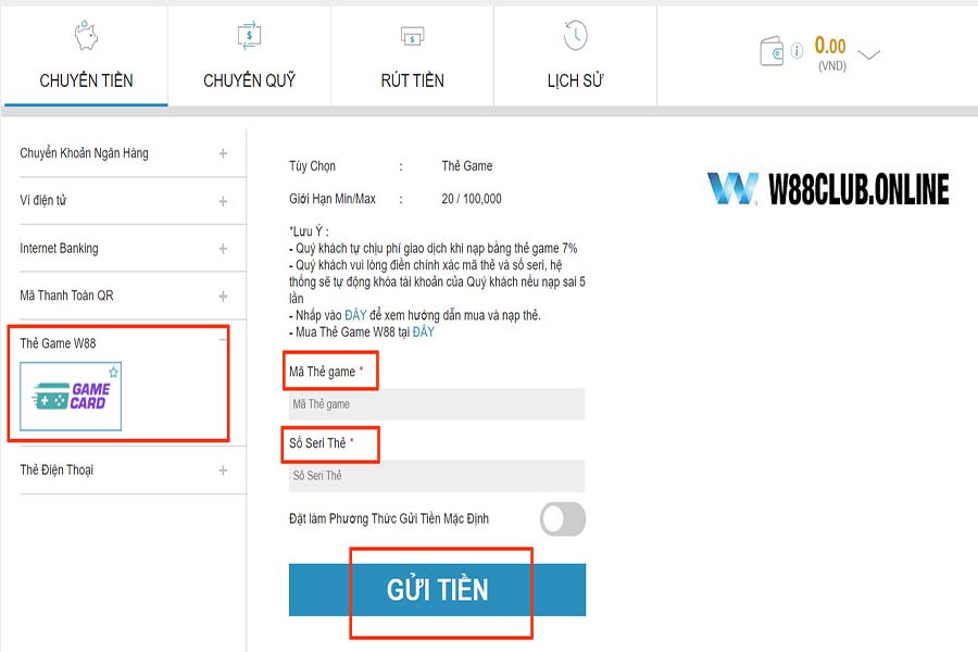 nạp tiền tài khoản W88 Club thẻ game w88