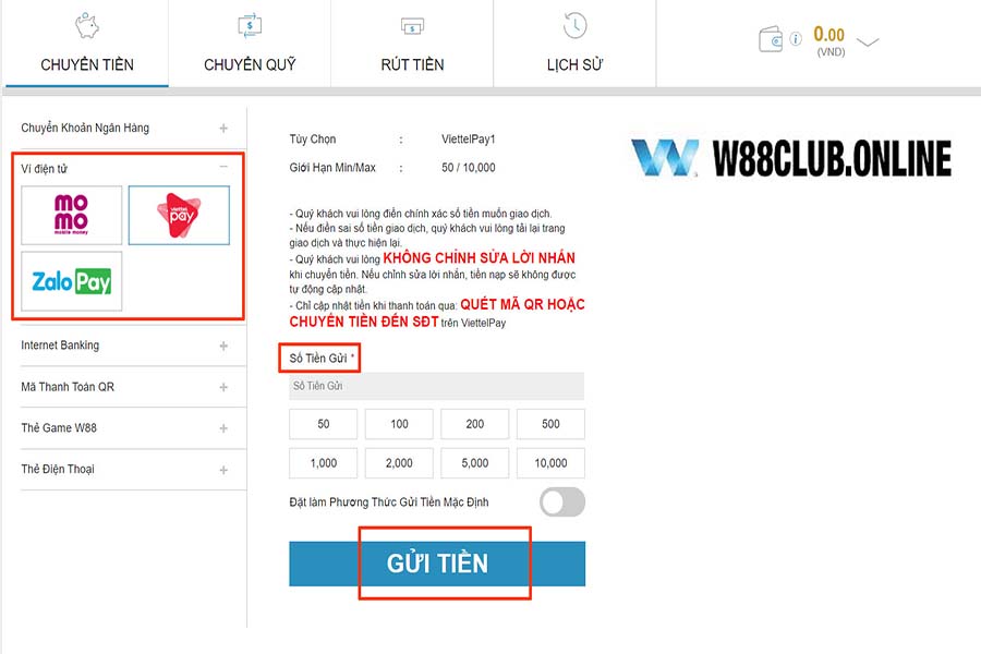 nạp tiền tài khoản W88 Club qua ví điện tử